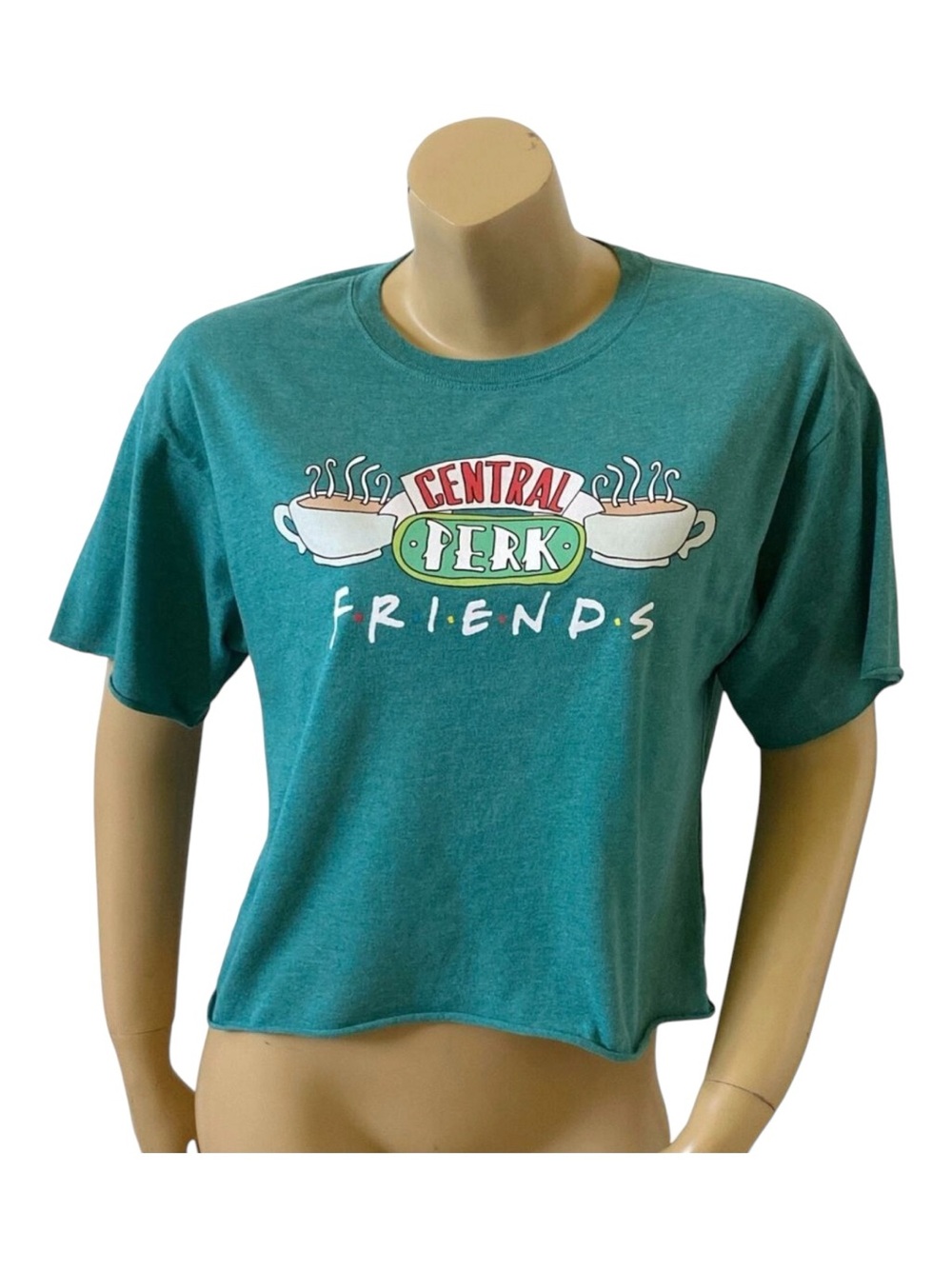 Friends Central Perk T Shirt Womens L Cropped Graphic Tee Green Short Sleeve